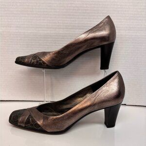 Roberto Capucci Metallic Bronze and Black Block Heel Pumps